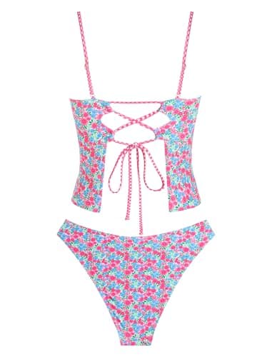 ZAFUL Womens Tankini Swimsuits Vintage Y2K Two Piece Bathing Suit 2026 Beach High Cut Tankini Set Swimwear, Floral2, L - Thumbnail 2