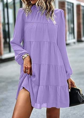 KIRUNDO Long Sleeve Baby Doll Dresses Women 2026 Casual Spring Summer Ruffle Mock Neck Tiered Mini Flowy Swing Shift Dress(Purple, Large) - Thumbnail 4