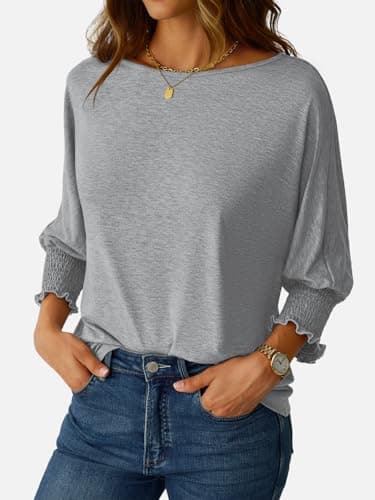NORACORA Women's 2025 Fashion Tops 3/4 Sleeve T-Shirts Smocked Cuffs Cute Dressy Casual Crewneck Basic Business Tees Blouses Gray XL - Thumbnail 3
