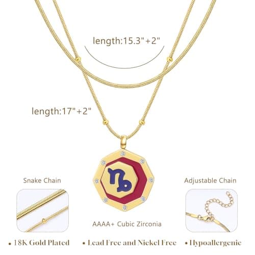 LETFLY Capricorn Zodiac Necklace for Women, 18K Gold Plated Octagon Shaped Pendant with Cubic Zirconia Adjustable Layered Snake Chain for Womens Jewelry Gifts - Thumbnail 4