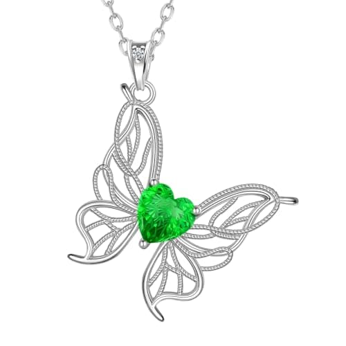 Filigree Butterfly Birthstone Pendant Necklace - 925 Sterling Silver Firework-Cut Heart Cubic Zirconia Twine Butterfly Necklace Anniversary Birthday Jewelry Gift for Women Wife Mom Daughter (05-May) - Image 1