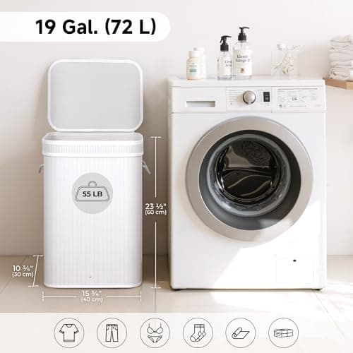 StorageWorks Laundry Hamper with Lid, Foldable Bamboo Laundry Basket, Clothes Hamper with Handles, Organizer and Storage for Laundry Room, Bedroom, Dorm, White - Thumbnail 5