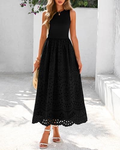 dowerme Women Summer Dresses 2026 Casual Sleeveless Crewneck A-Line Boho Lace Eyelet Cotton Tank Maxi Dress with Pockets(Black,X-Large) - Thumbnail 3