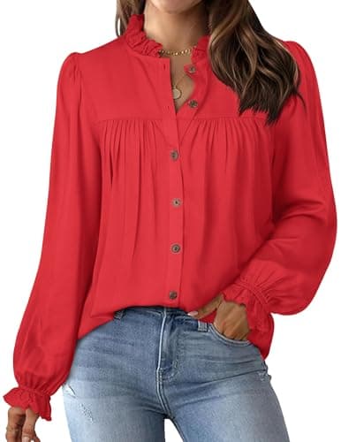 Tunic Tops for Women Dressy Casual Button Down Long Puff Sleeve Elegant Retro Pleated Office Shirts Tops S Red - Image 1