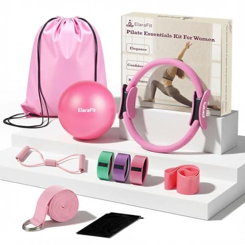 ElaraFit Home Pilates Ring and Ball Set for Women with 5 Resistance Bands 13 inch Magic Circle Workout Starter Kit for Beginners Full Body Toning 15 Min Daily Routine,Pink Mix - Image 1