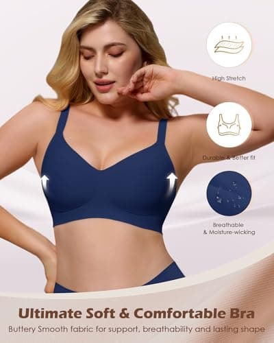 As Fairy Womens Soft Comfortable No Underwire Bras V Neck Seamless Push Up Bralettes Full Coverage Tshirt Brassiere Navy Blue 32D - Thumbnail 2