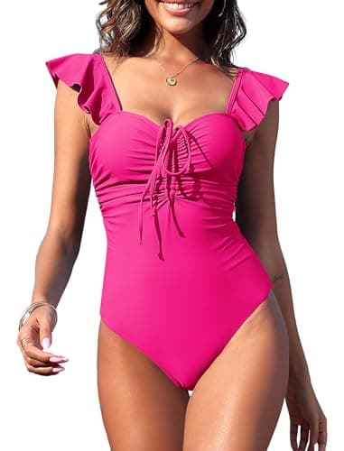 ZAFUL 2024 Swim Suits for Women One Piece Swimsuit Tummy Control Bathing Suits Slimming Swimsuits Ruffle Swimwear Self Tie Hot Pink - Image 1