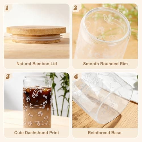 Dachshund Gift for Women, Funny Wiener Dog Gifts Glass Cup with Lid & Straw Coffee & Smoothie Tumbler for Weenie Lovers Dog Owners Pet Moms Wife teens Friend Sister for Mother’s Day Birthday - Thumbnail 3