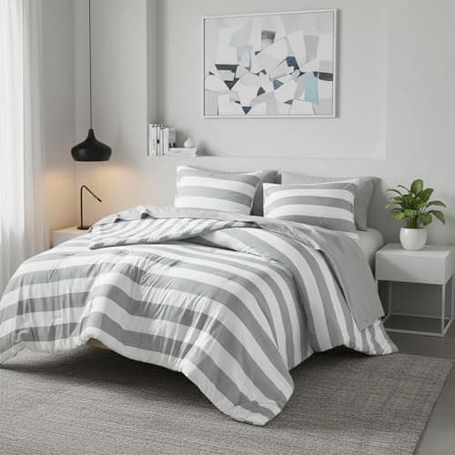 Reversible Striped King Comforter Set-Bed in A Bag 7-Pieces Bedding Set with Double-sided Stripes Design-Warm & Cozy Bed Set Includes King Size Comforter, Sheets set, Pillowcases and Shams, Grey - Thumbnail 2