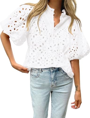 BTFBM Womens Blouses Summer Hollow Out Eyelet Embroidery Tops V Neck Buttons Puff Sleeve Boho Shirts Spring Fashion 2026(White, Large) - Thumbnail 5