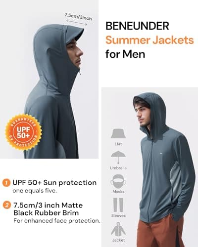 BENEUNDER Men's UPF 50+ Sun Protection Lightweight Hoodie Jacket Long Sleeve Active Sun Shirts for Outdoor Hiking Workout Black - Thumbnail 2