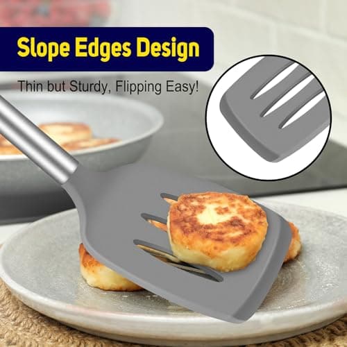 HOTEC Silicone Spatula Set of 2 Heat-Resistant 600°F & BPA-Free Kitchen SaptulaTurner with Stainless Steel Handles, Slotted & Solid Spatulas for Nonstick Cookware, 13.7 Inch, Grey - Thumbnail 4