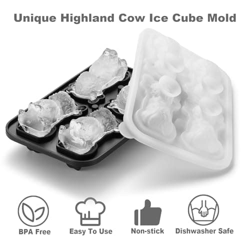 ACOOKEE 3D Highland Cow Ice Cube Tray Fun Shapes, Novelty Highland Cow Gifts, Holiday Stocking Stuffers for Men Women, Cute Highland Cattle Ice Mold for Whiskey,Cocktail,Bourbon - Thumbnail 3