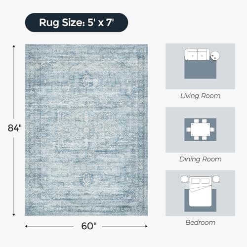 Carpelux 5x7 Washable Area Rugs for Living Room, Neutral Retro Aesthetic Non Slip Blue Rug for Nursery Kids Room, Soft Faux Wool Cozy Floor Carpet for Bedroom Dining Room - Thumbnail 2