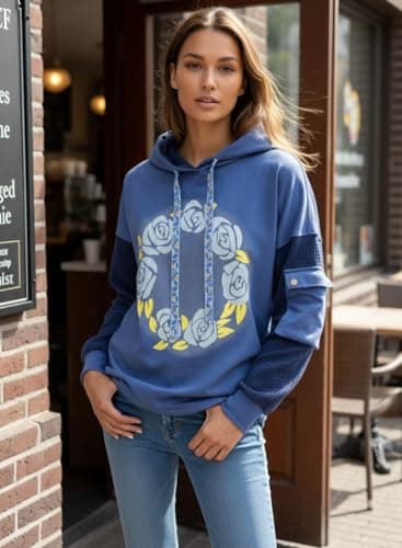 ZIZERY Womens Floral Patchwork Hoodie Oversized Sweatshirt Light-blue - Thumbnail 2