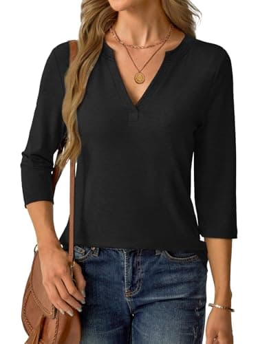 Womens Tops 3/4 Sleeve V Neck Spring Summer Work Tunic Shirts Business Dressy Casual Blouses A- Black - Thumbnail 2