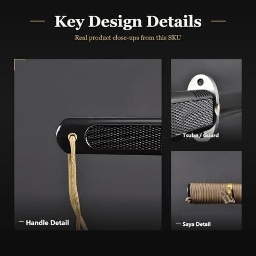 HMS Real Katana Sword - Hand Forged Manganese Steel Full Tang Blade, Functional Japanese Sword for Cutting Practice & Collectors, Black - Thumbnail 4