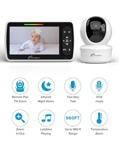 iFamily Baby Monitor - Large 5" Screen with 30Hrs Battery Life - Remote Pan-Tilt-Zoom;No WiFi, Two-Way Audio, Night Vision, Temperature, Lullabies, 960ft Long Range Baby Monitor with Camera and Audio - Thumbnail 2