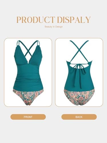 ZAFUL Womens Tankini Bathing Suits Modest Two Piece Swimsuit Smocked Push Up Slimming Tankinis with High Waisted Full Coverage Bottom Adjustable Straps Ruched Tummy Control Swimwear Peacock Green L - Thumbnail 6