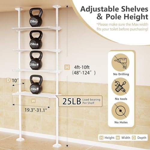 Bonpally Over The Toilet Storage Shelf, 4-Tier Adjustable Bathroom Organizer, No Drill Tension Mounted Shelves Metal, Space-Saving Bathroom Cabinet Rack Above Toilet for Small Bathroom Rooms, White - Thumbnail 2