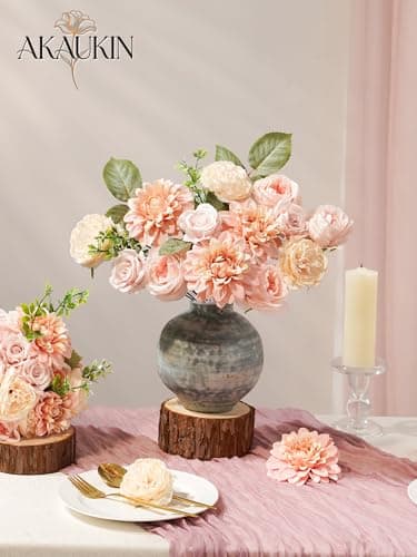 Pink Artificial Flowers Combo, Fake Silk Roses, Dahlias, Chrysanthemum Ball with Stems for Wedding Bridal Bouquets, Baby Shower, Party, Table Centerpieces, Home Decor & DIY Floral Arrangements - Thumbnail 2