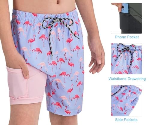 Cozople Little Boys Swim Shorts UPF50+ Swim Trunks with Boxer Brief Liner Swimwear Funny Flamingo Graphic Surf Boardshorts for Kids Stretchy Compression Bathing Suit Size 4t - Thumbnail 3