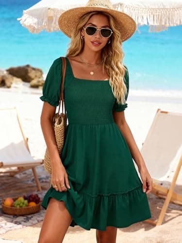 Berydress Green Dress 2026 Vacation Square Neck Short Sleeve Sundress with Pockets Flowy Tiered Smocked Babydoll Boho Casual Dresses(L,6295-Green) - Thumbnail 4