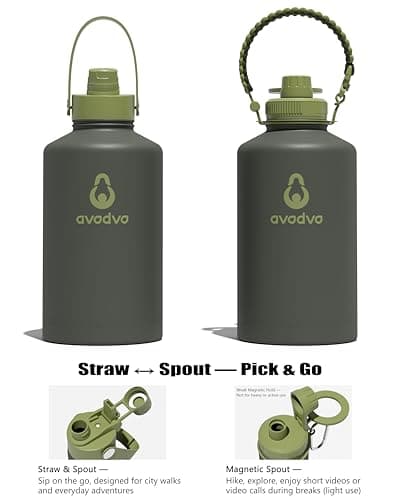avodvo 1 Gallon Water Bottle with 2 Lids (2-in-1 Straw & Spout Lid, Magnetic Lid), Insulated Water Bottle with Strap, Stainless Steel Water Bottle for Hiking, Gym, Travel, BPA-Free, Army Green - Thumbnail 3