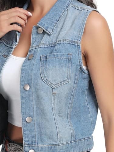 J.Corrine Women’s Denim Vest Sleeveless Classic Cropped Distressed Spread Collar Button Jean Vest Jackets With Pockets-Light Blue S - Thumbnail 4