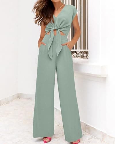 PRETTYGARDEN Woman 2 Piece Pants Sets Spring Fashion Elastic Waist Crop Tops Formal Prom Club Holiday Outfits For Women(Solid Light Green,XX-Large) - Thumbnail 6