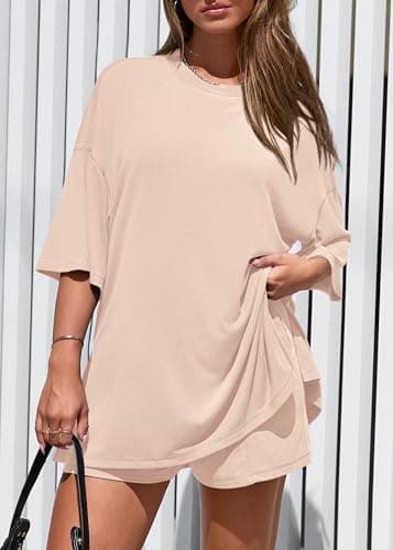 KIRUNDO 2 Piece Sets for Women Summer Lounge Sets Casual Oversized Tshirts Shorts Matching Airport Travel Outfits Postpartum(Beige, Medium) - Thumbnail 3