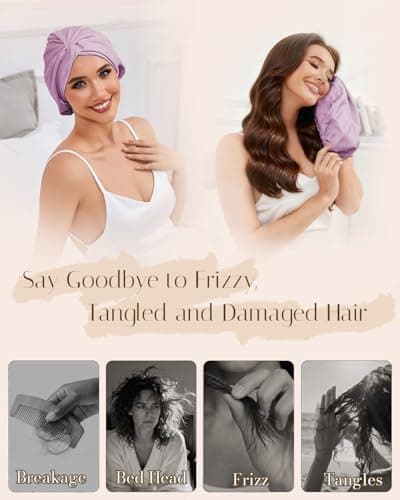 HFRHTGY Adjustable Silk Satin Hair Bonnet for Sleeping Women Hair Wrap, Double Layer Night Turban, Sleep Cap for Natural Curly Straight Unisex - Lavender - Thumbnail 4