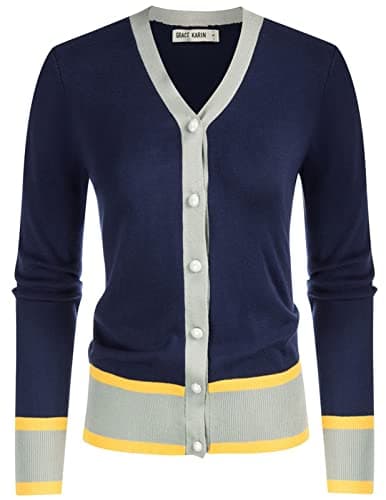 GRACE KARIN Women Color Block Cardigan Long Sleeve Button Down Knit Cardigan for Office Outfits(Contrast Dark Blue,S) - Image 1