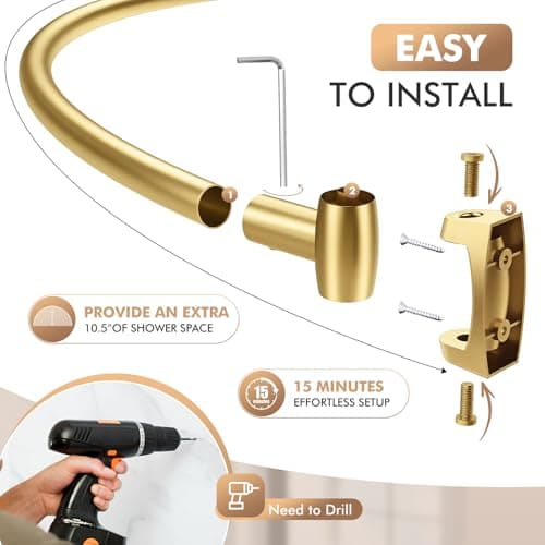 Curved Shower Curtain Rod for Bathroom, 40-72 Inches Adjustable Curved Shower Rod, 0.9MM Aluminum Rustproof Shower Curtain Rod with Rotating Brackets for Extra Shower Space, Need to Drill, Gold - Thumbnail 6