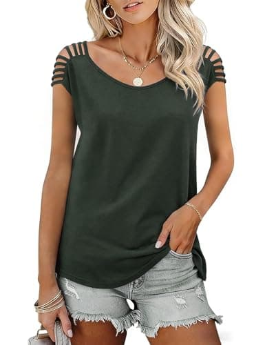 JUSTFASHIONNOW Womens Cold Shoulder Tops Summer Cute T Shirts Going Out Cap Sleeve Tops Dressy Casual Blouses Comfy Trendy Tee Shirts (Army Green,Large) - Thumbnail 3