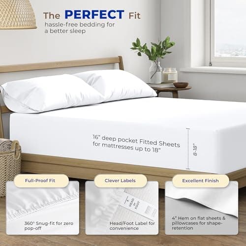 THREAD SPREAD 100% Egyptian Cotton Split King Sheets Sets for Adjustable Bed - 600 Series Bliss Collection Top Split King Sheets Set (5 PC, White), 16" Deep Pocket Sheets for Adjustable Bed - Thumbnail 4