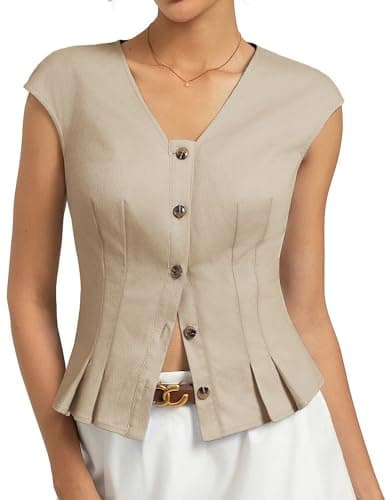 Kate Kasin Womens Button Down Crop Tops, Cap Sleeve Work Shirt, Slim Fit Cute Vest Trendy Khaki - Image 1