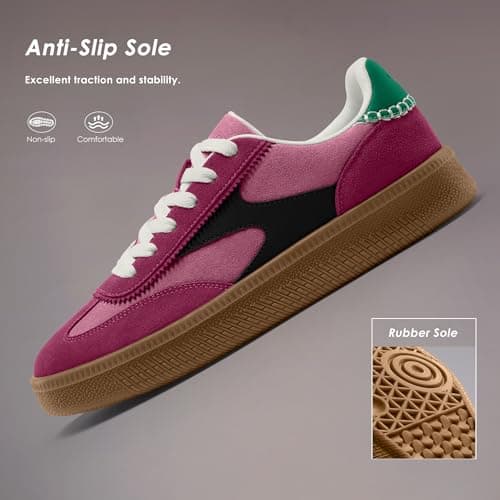 Vilanva Women's Fashion Sneakers Casual Tennis Shoes with Genuine Suede Classic Retro Gum Sole Walking Trendy Footwear Pink Multi - Thumbnail 6