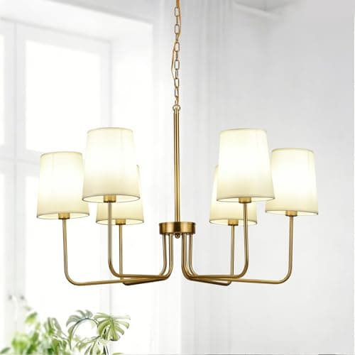 Omgomne Brushed Gold Farmhouse Chandelier with White Fabric Shades, 29.5” 5-Light Modern Dining Room Light, Vintage Rustic Hanging Pendant Lamp for Kitchen Island, Bedroom, Living Room, E12 Base - Image 1