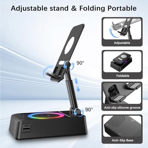 buwy Gifts for Men Women, Cell Phone Stand with Wireless Bluetooth Speaker and Colorful LED Lights, Anti-Slip Base HD Surround Sound, Rechargeable (3000mAh), Home and Outdoors Bluetooth Speaker Black - Thumbnail 3