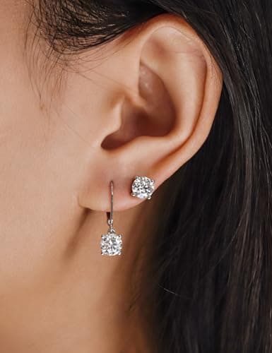YODEWA Moissanite Earrings for Women, 1CT/Pair D Color Brilliant Round Cut 18K White Gold Plated Sterling Silver Leverback Drop Dangle Earrings 5.0mm - Thumbnail 6