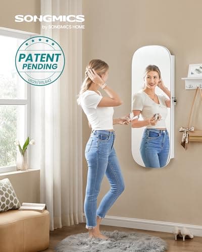 SONGMICS Jewelry Organizer, LED Jewelry Cabinet Wall/Door Mounted, Lockable Rounded Wide Mirror with Storage, Interior Mirror, 3.9 x 16.5 x 42.5 Inches, White Surface with Greige Lining - Thumbnail 2