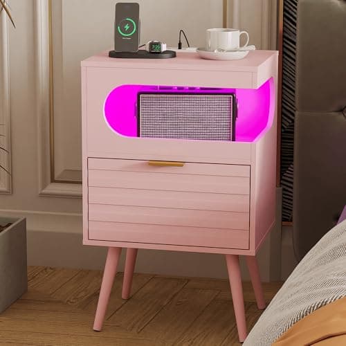 Veegle Nightstand with Charge Station,Modern Bedside Table with Storage Drawer and Open Wood Shelf, Accent Night Stand with Solid Wood Legs for Bedroom and Small Spaces (Pink)