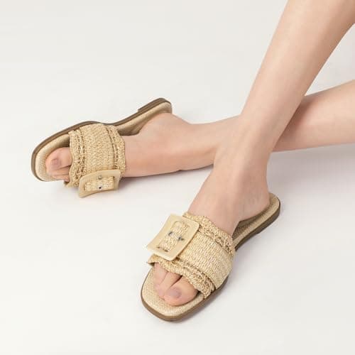 Rihero Raffia Flat Sandals for Women Dressy Slip On Beach Slides Square Toe Buckle Summer Fashion Woven Sandals Natural Size 5.5 - Thumbnail 2