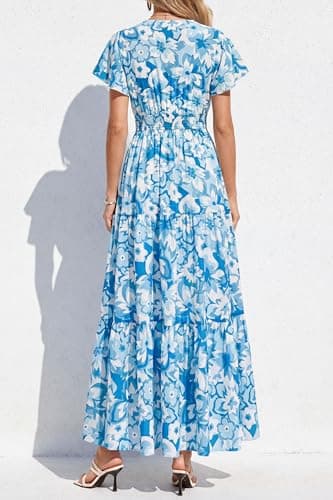 PRETTYGARDEN Women Summer Maxi Dresses 2026 Short Sleeve V Neck Button Floral Tiered Flowy Boho Sundress Beach Outfits(Blue Floral,Medium) - Thumbnail 5