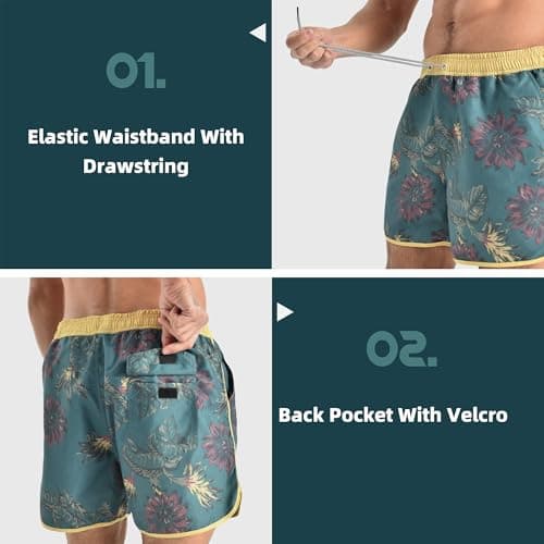 Ipletix Mens Swim Trunks 80s 90s Vintage Short with Mesh Lining Quick Dry Beach Swim Suits Board Shorts Green L - Thumbnail 6