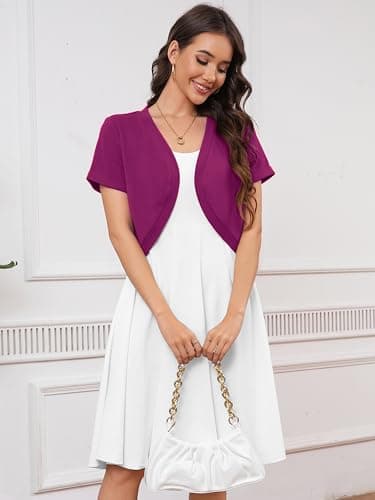Heymoments Women's Short Sleeve Shrugs Magenta Large Lightweight V-Neck Open Front Cropped Cardigan Knitted Bolero Sweaters Elegant Dresses Cover Up - Thumbnail 2