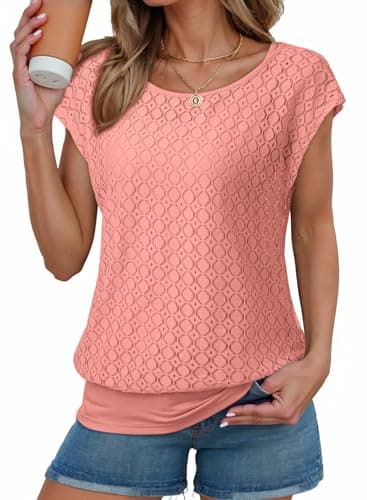 Dokotoo Womens Crochet Shirts Summer Tops for Women 2026 Fashion Trendy Crewneck Short Sleeve Shirts Ladies Tops and Blouses Casual Beach Vacation Clothes Two Piece Set Cute Coverup Pink - Thumbnail 5