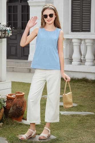 XMWEALTHY Girls Summer Tops Fashion Casual Sleeveless T Shirts for Girls Round Neck Pleated Blouse Tops 5-14 Years Kid Blue 5-6T - Thumbnail 3