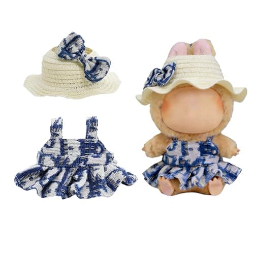 Doll Clothes for 17cm Dolls, Premium Handmade Fashion Clothes 3 Piece Set Including a Weaving Hat, Clothes and Bow with High-End Dolls Accessories for Play & Display - Pure Blue (No Doll No Logo) - Image 1